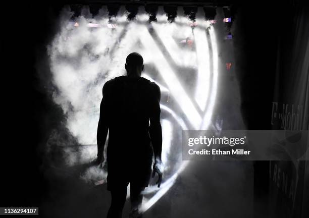 Kenny Wooten of the Oregon Ducks is introduced before the championship game of the Pac-12 basketball tournament against the Washington Huskies at...