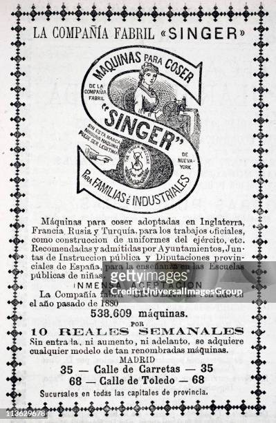 Advertisement for Singer sewing machines to be bought on credit system in 1880 edition of Spanish publication Revista Popular de Conocimientos Utiles