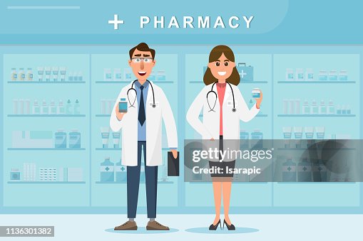 Doctor Counter Pharmacy With Doctor And Nurse In Counter High-Res Vector Graphic ...