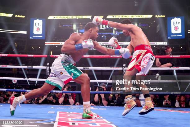 Errol Spence Jr lands a blow against Mikey Garcia in an IBF World Welterweight Championship bout at AT&T Stadium on March 16, 2019 in Arlington,...