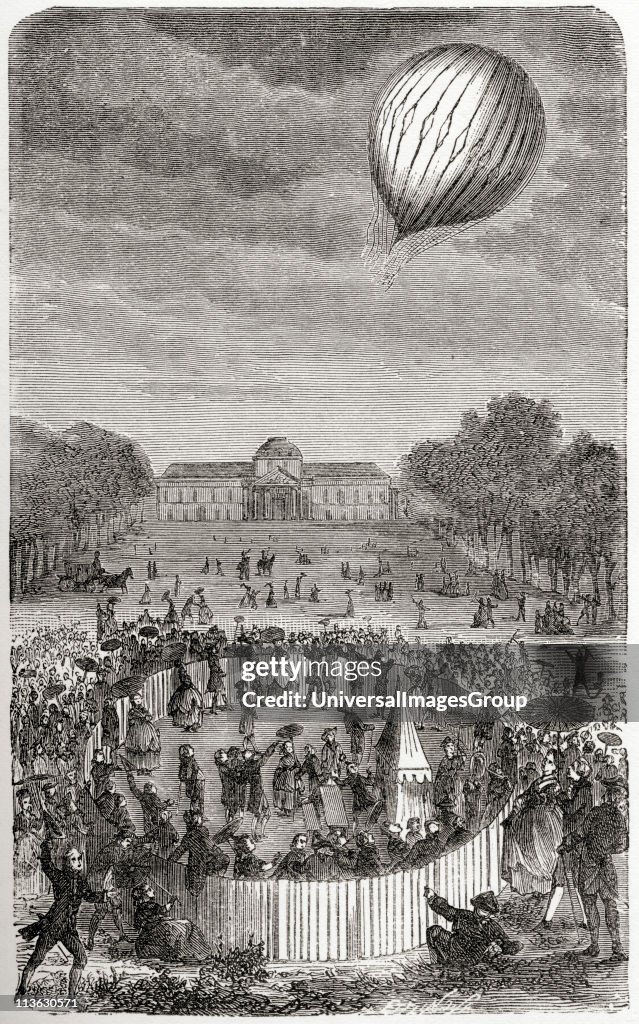 Ascent of Charles balloon over the Champ de Mars Paris France August 27 1783 Jacques Alexandre Cesar Charles 1746 - 1823 French chemist physicist and aeronaut From the book Wondeful Balloon Ascents or The Conquest of the Skies published c 1870...