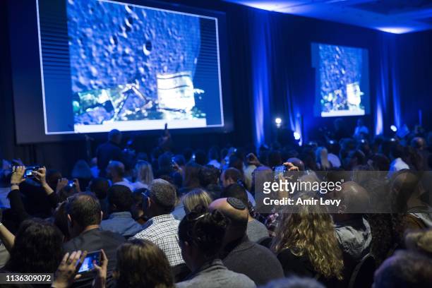 Israelis gather in a party to watch Beresheet spacecraft landing on the moon on April 11, 2019 in Tel Aviv, Israel. The Israeli spacecraft - called...