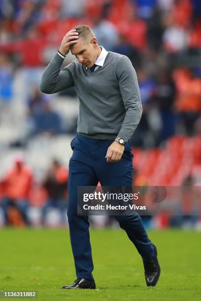 Martin Palermo, coach of Pachuca gestures during the 11th round match between Cruz Azul and Pachuca as part of the Torneo Clausura 2019 Liga MX at...