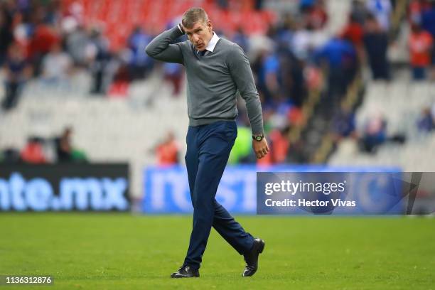 Martin Palermo, coach of Pachuca gestures during the 11th round match between Cruz Azul and Pachuca as part of the Torneo Clausura 2019 Liga MX at...