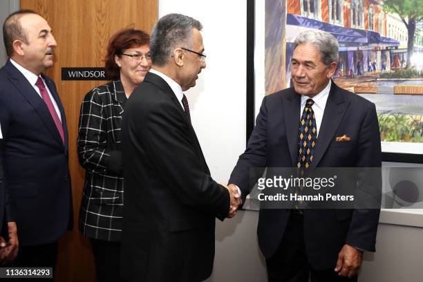 New Zealand Foreign Affairs Minister Winston Peters greets Vice President of Turkey, Fuat Oktay and Turkish Minister of Foreign Affairs, Mevlut...