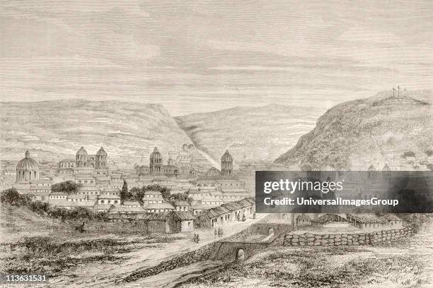 Overall view of Cuzco, Peru, in the 19th century. From a 19th century illustration.