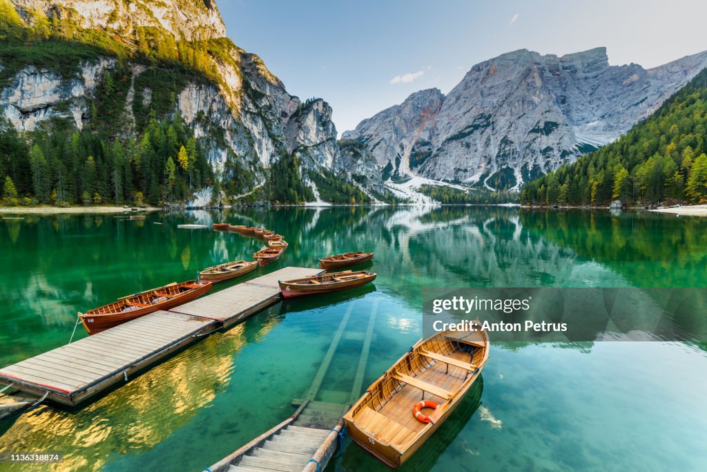 Lake Braies (Pragser Wildsee) in Dolomites at sunset, Sudtirol, Italy.