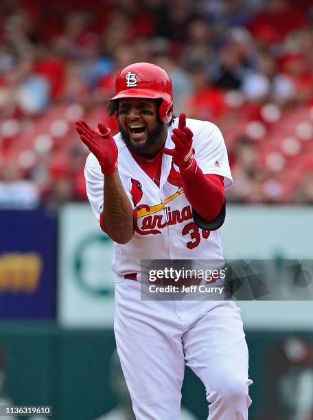 Jose Martinez of the St. Louis Cardinals celebrates after hitting a one run double during the sixth inning against the Los Angeles Dodgers at Busch...