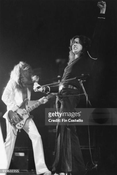 Deep Purple bassist Glenn Hughes and singer David Coverdale on stage during a live concert performance as part of the band's tour of the USA, 28...