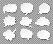 Thought balloons. Paper white speech clouds. Thinking bubbles retro 3d vector set