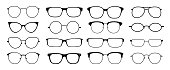 1902.m30.i020.n046.P.c25.533983342 Glasses silhouette. Sun glasses hipster frame set, fashion black plastic rims, round geek style retro nerd glasses. Vector sun glasses