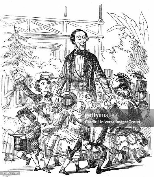 Hans Christian Andersen Danish author, particularly remembered for his fairy tales. Andersen surrounded by children. Cartoon from Punch London 10...