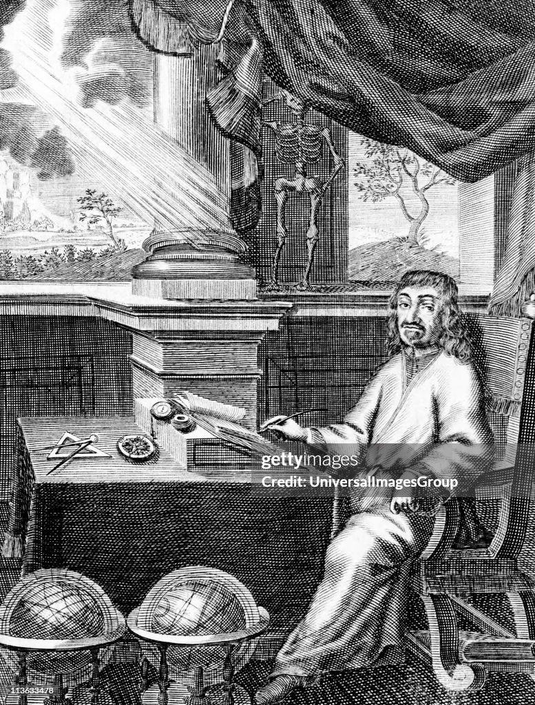 Rene Descartes (1596-1650) French philosopher and mathematician in his study. Engraving from a 17th century edition of his colected works.
