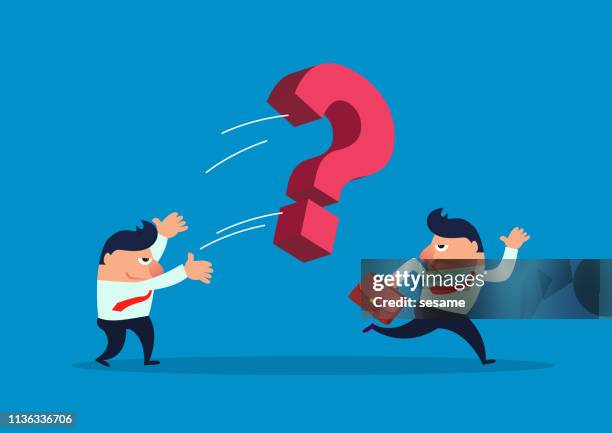 businessman throws a huge question mark to his companion - warning heavy lifting stock illustrations