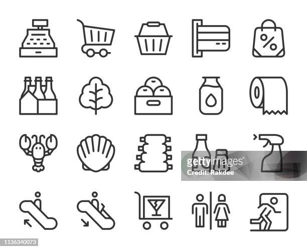 ilustraciones, imágenes clip art, dibujos animados e iconos de stock de iconos de línea de supermercado - mostrador