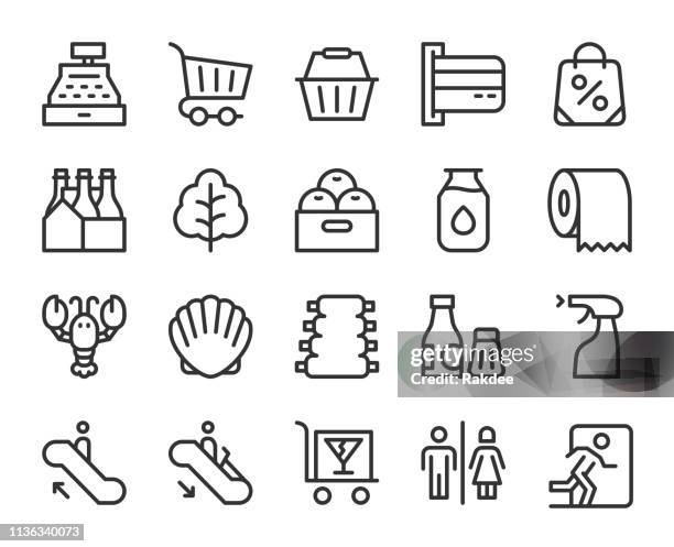 ilustrações de stock, clip art, desenhos animados e ícones de supermarket - line icons - caixa
