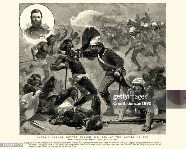 illustrazioni stock, clip art, cartoni animati e icone di tendenza di il capitano arthur wilson vince la victoria cross a el teb - impero britannico