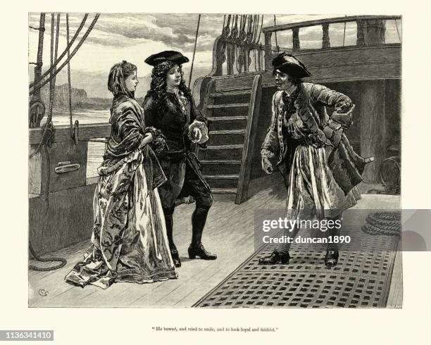 dorothy forster, couple welcomed onboard by a pirate captain - female pirate stock illustrations