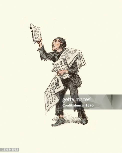 stockillustraties, clipart, cartoons en iconen met victoriaanse newsboy verkopende krant, oost-londen, 19de eeuw - newspaper boy