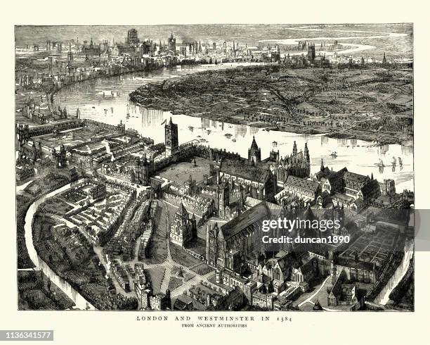 illustrations, cliparts, dessins animés et icônes de vue d'oiseaux de westminster, londres au xvie siècle - style du xvième siècle