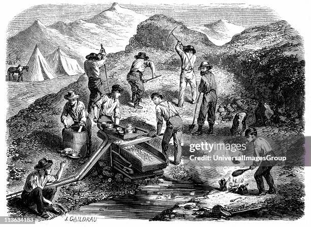 Miners washing for gold using a cradle in the: Californian gold fields. Wood engraving published Paris the year of the Californian Gold Rush.