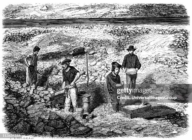 Miners washing for gold using cradles and pans: Californian gold fields. Wood engraving published Paris the yeasr of the great Californian Gold Rush.