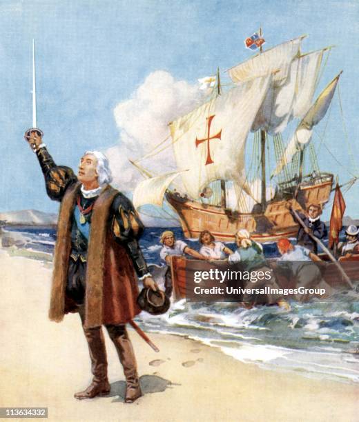 Depiction of Genoese navigator Christopher Columbus claiming possession of the New World, 1492.