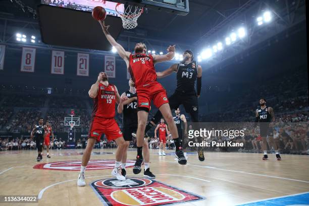 Nicholas Kay of the Wildcats puts a shot up during game 4 of the NBL Grand Final Series between Melbourne United and the Perth Wildcats at Melbourne...