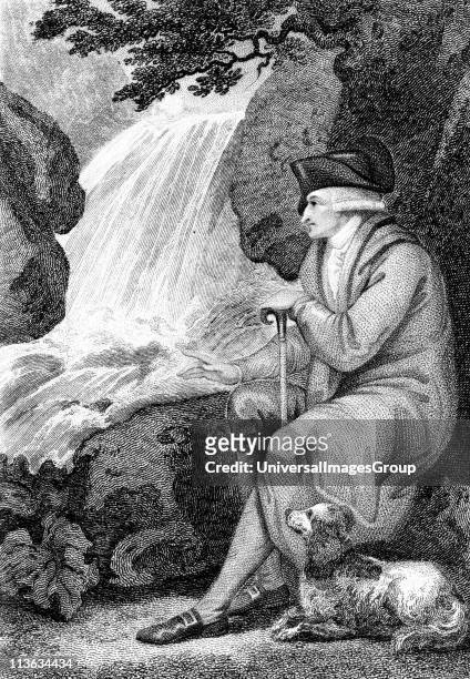 Jean-Jacques Rousseau contemplating the natural beauty of Switzerland. French political author, educationalist and philosopher. Engraving 1787.