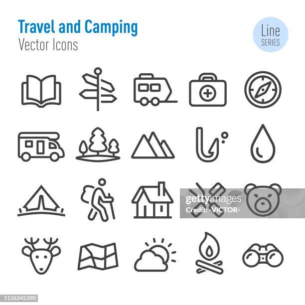 ilustrações, clipart, desenhos animados e ícones de ícones do curso e de acampamento-linha série do vetor - ecoturismo