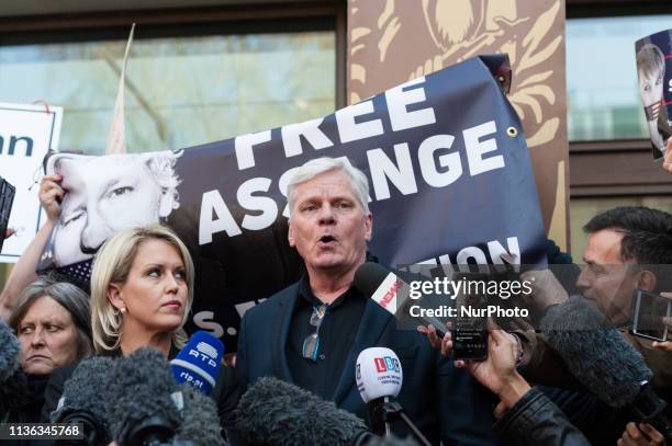 WikiLeaks editor Kristinn Hrafnsson and Jennifer Robinson, Julian Assange's UK lawyer give a statement outside Westminster Magistrate's Court where...