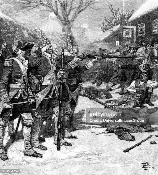 Boston Massacre, 5 March 1770. Skirmish between British troops and crowd in Boston Massachusetts. Five protesters killed, the first being Crispus...