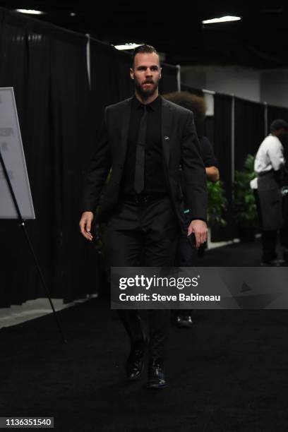 David Krejci of the Boston Bruins arrives at the arena before the game against the Toronto Maple Leafs in Game One of the Eastern Conference First...