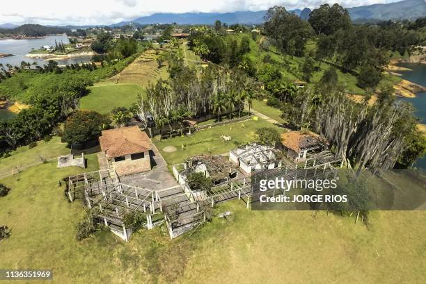 Aerial view of the ruins of "La Manuela", a former vacation estate of late drug kingpin Pablo Escobar's family, on El Penol reservoir, in the...