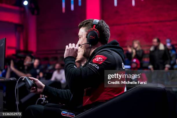 OneWildWalnut of Blazer5 Gaming reacts to a play during the game against Bucks Gaming on April 11, 2019 at the NBA 2K Studio in Long Island City, New...