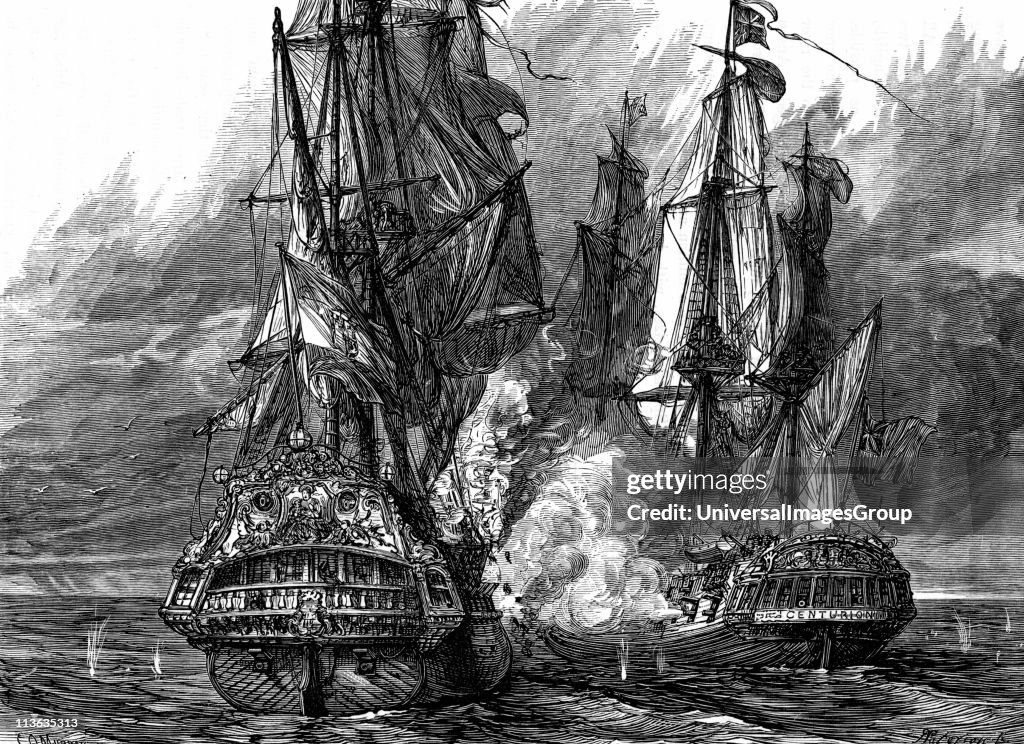 George Anson, Baron Anson (1697-1762) English naval commander, in the 'Centurion' (right) taking the Spanish galleon 'Nostra Signora de Cabadonga' off the Philippines. War of Jenkins' Ear 1739-48. Woodcut c.1895...