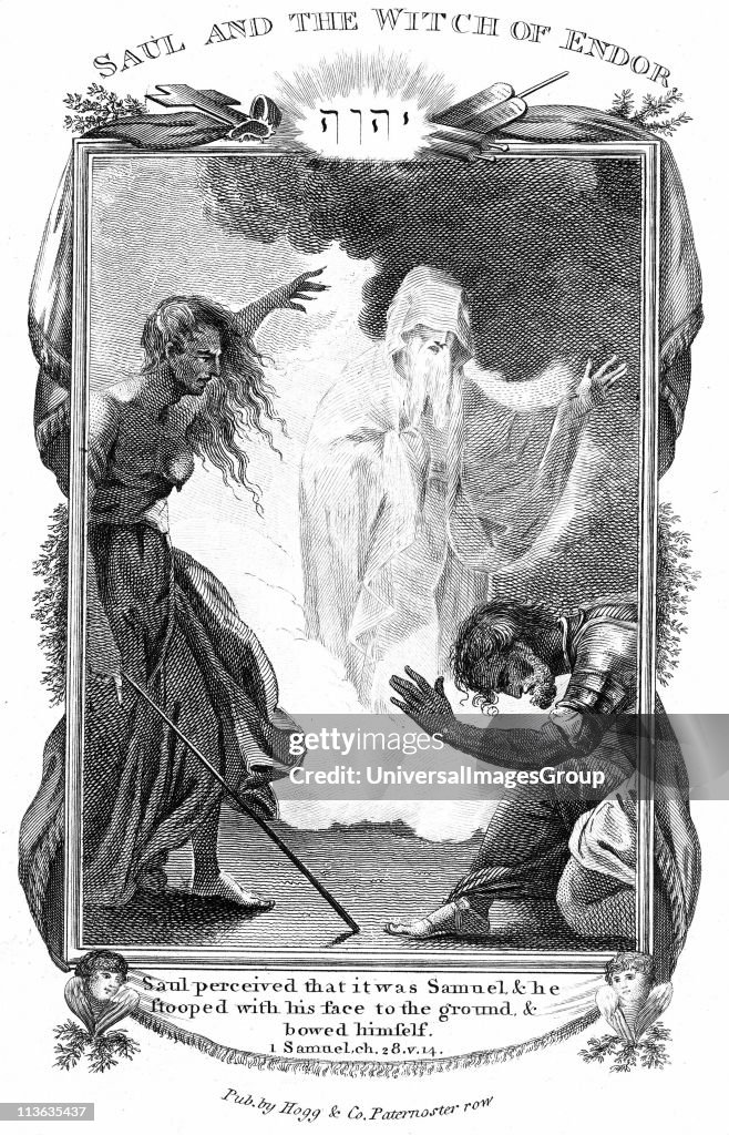 Saul and the Witch of Endor Bible I Samuel 28. Saul tries to communicate with the dead Samuel through the Witch of Endor. She brings Samuel out of the earth (Necromancy) when Saul has promised to take no action against her as a witch. Copperplate engravin...