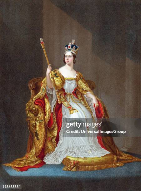 Queen Victoria queen of United Kingdom 1837, Empress of India 1876, crowned 1838. Victoria on throne in coronation robes wearing crown and holding...