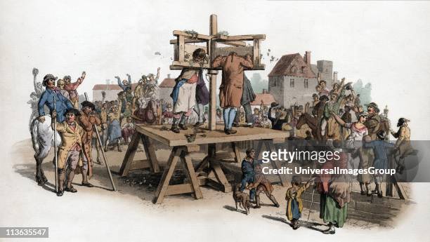 The Pillory. Four men being punished in the pillory jeered at by a crowd. By this date among crimes punishable by pillory were embezzlement of state...