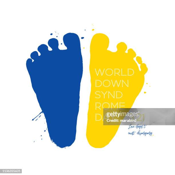 down syndrome footprints blue and yellow message - intellectual disability stock illustrations
