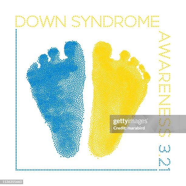 down syndrome footprints blue and yellow dots - developmental disability white background stock illustrations