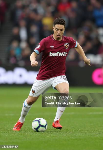 Samir Nasri of West Ham United in action during the Premier League match between West Ham United and Huddersfield Town at London Stadium on March 16,...