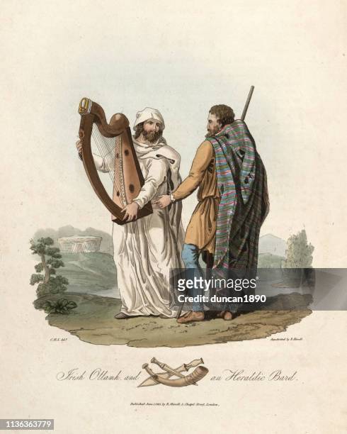 ilustrações de stock, clip art, desenhos animados e ícones de costumes of ancient britons, irish ottamh and heraldic bard - harpa