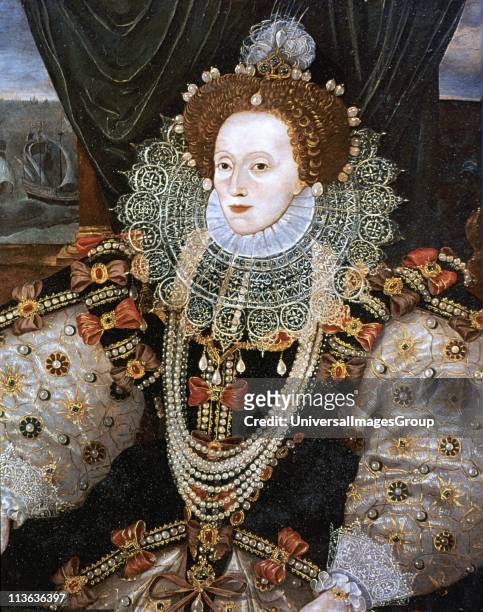 Elizabeth I Queen of England and Ireland from 1558, last Tudor monarch. Version of the Armarda portrait attributed to George Gower c1588.