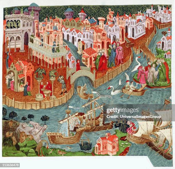 Marco Polo setting out with his uncles from Venice for Far East. In foreground are lands they will visit and strange things they will see. After late...