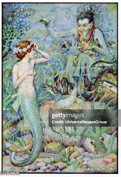 The Little Mermaid visiting the undersea witch for spell to help win love of prince she rescued from shipwreck. Hans Christian Andersen fairy story...