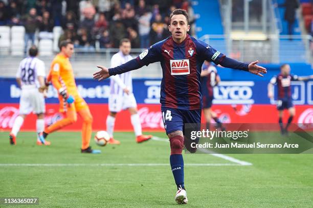 Fabian Orellana of SD Eibar celebrates after scoring during the La Liga match between SD Eibar and Real Valladolid CF at Ipurua Municipal Stadium on...