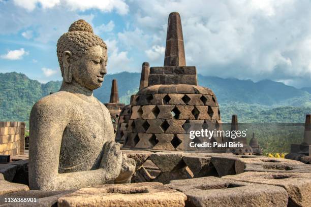 uddha statue at borobudur temple, yogyakarta, java, indonesia - stupa imagens e fotografias de stock