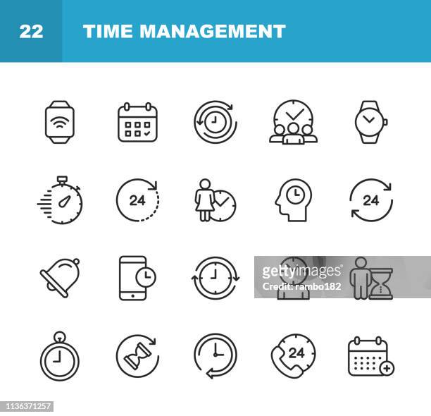 ilustrações, clipart, desenhos animados e ícones de ícones da linha de gerenciamento do relógio e do tempo. traçado editável. pixel perfeito. para mobile e web. contém ícones como relógio, tempo, cronômetro, gerenciamento, calendário. - relógio de pulso