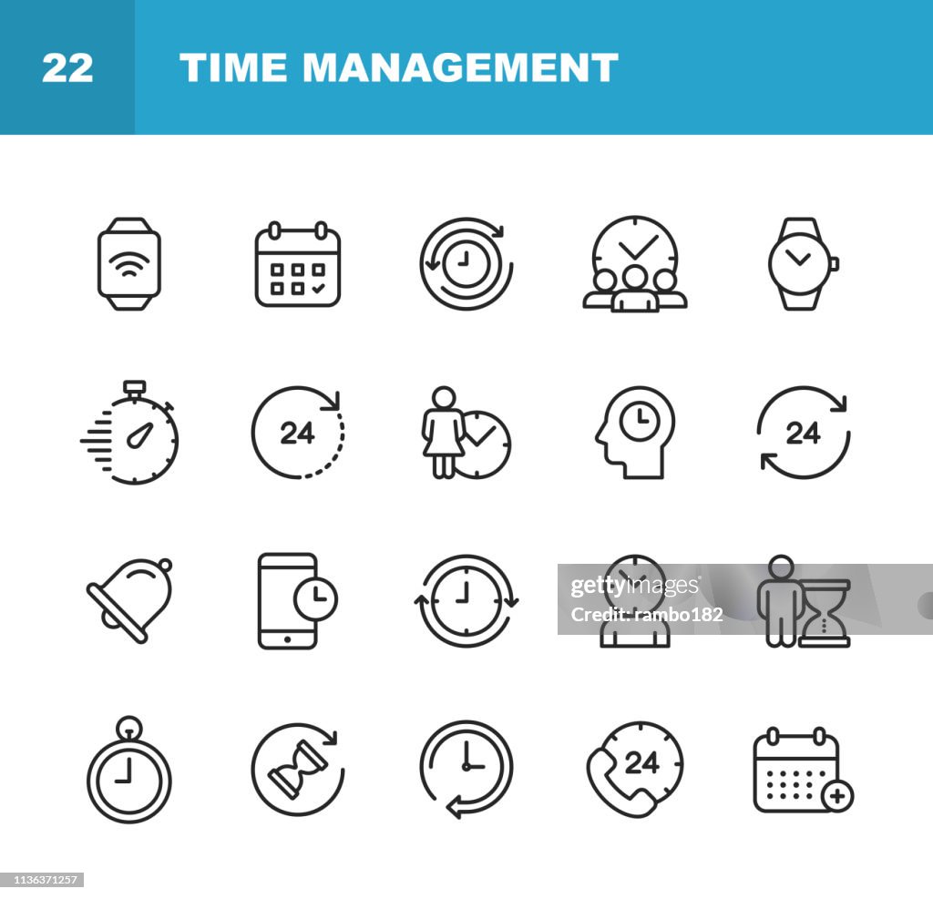 Clock and Time Management Line Icons. Editable Stroke. Pixel Perfect. For Mobile and Web. Contains such icons as Clock, Time, Stopwatch, Management, Calendar.